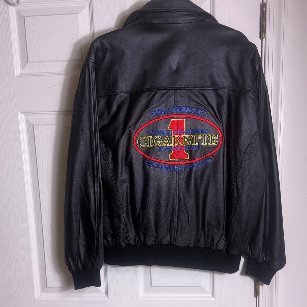 Black Leather Jacket Embroidered Cigarette Racing Team Jacket RARE OOAK